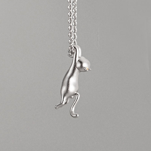 Silver Cat Pendant Necklace - Cat Lovers Jewelry - Playful Gifts - Elegant and Fun