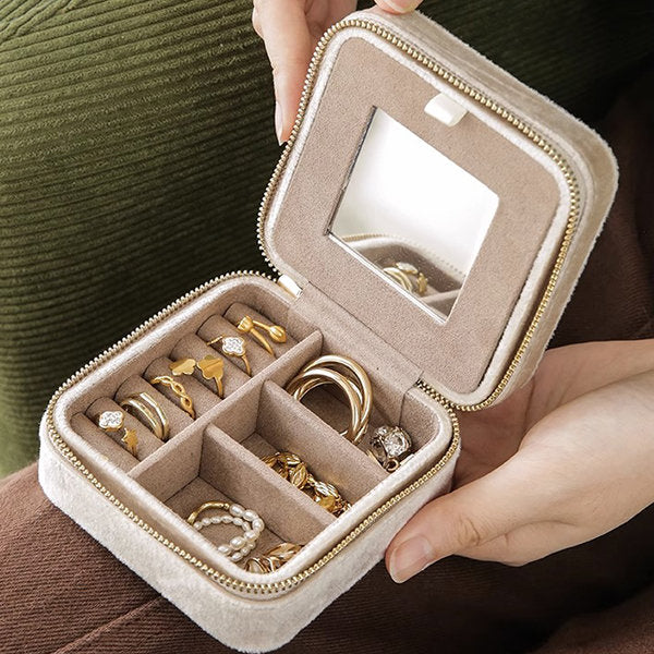 Elegant Portable Jewelry Organizer - With Mirror - Green - Khaki - Storage Case