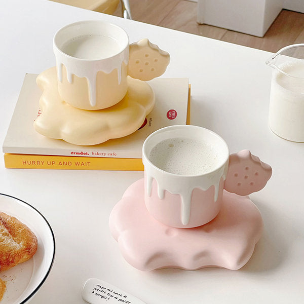 Whimsical Ceramic Cookie Cup and Saucer - For Coffee Lovers - Pink - Yellow