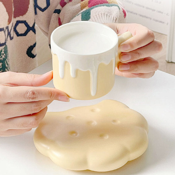 Whimsical Ceramic Cookie Cup and Saucer - For Coffee Lovers - Pink - Yellow