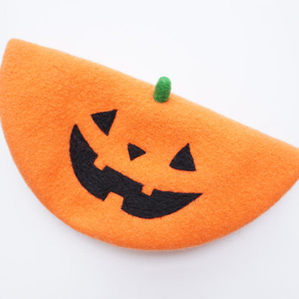Halloween Pumpkin Wool Beret – Orange – Jack-o'-Lantern Design – Fun Halloween Accessory
