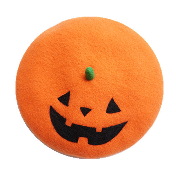 Halloween Pumpkin Wool Beret – Orange – Jack-o'-Lantern Design – Fun Halloween Accessory