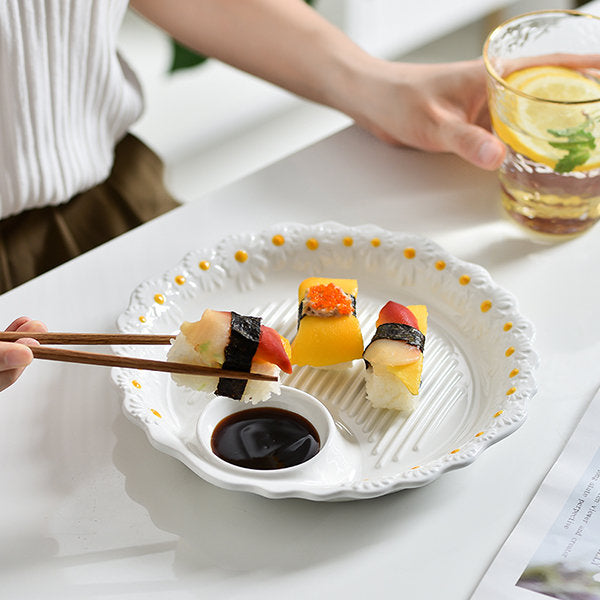Daisy Ceramic Dumpling Plate - Charming White and Yellow - Elegant Serving