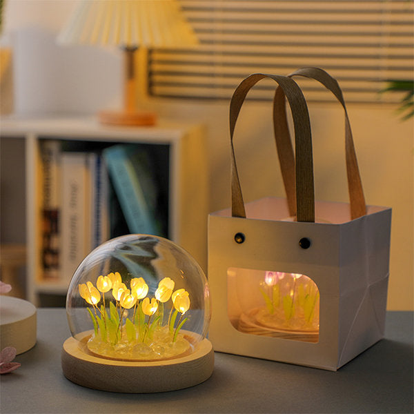 Tulip Night Light - Glass Dome - Wood Base - Pink - Yellow - Elegant Home Decor