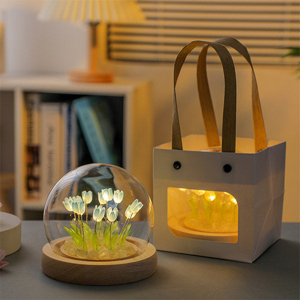 Tulip Night Light - Glass Dome - Wood Base - Pink - Yellow - Elegant Home Decor