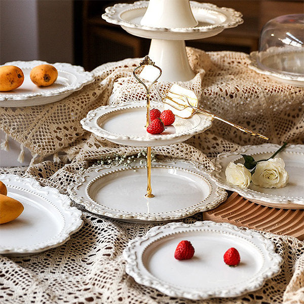 Elegant Two-Tier Ceramic Dessert Stand - Wedding and Gathering - Lace Detailing