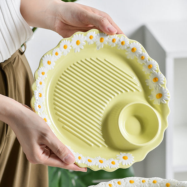 Daisy Ceramic Dumpling Plate - Charming White and Yellow - Elegant Serving