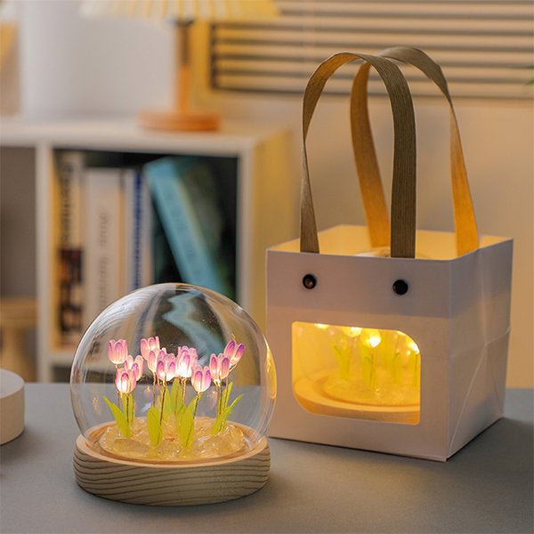 Tulip Night Light - Glass Dome - Wood Base - Pink - Yellow - Elegant Home Decor