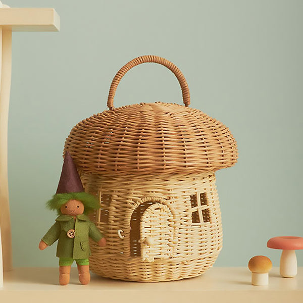 Whimsical Mushroom Woven Basket - Handcrafted - Versatile Storage - Rattan