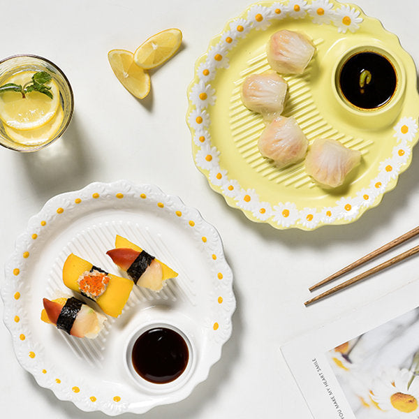 Daisy Ceramic Dumpling Plate - Charming White and Yellow - Elegant Serving
