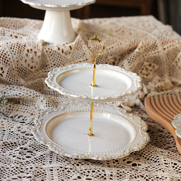 Elegant Two-Tier Ceramic Dessert Stand - Wedding and Gathering - Lace Detailing