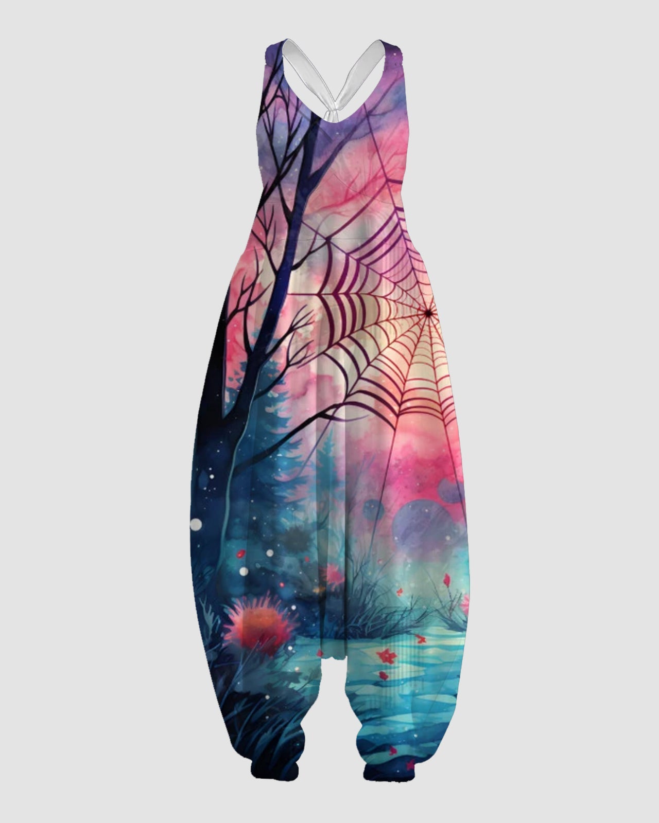 Women's Colorful Spider Web Print Sleeveless Jumpsuit Harem Pants