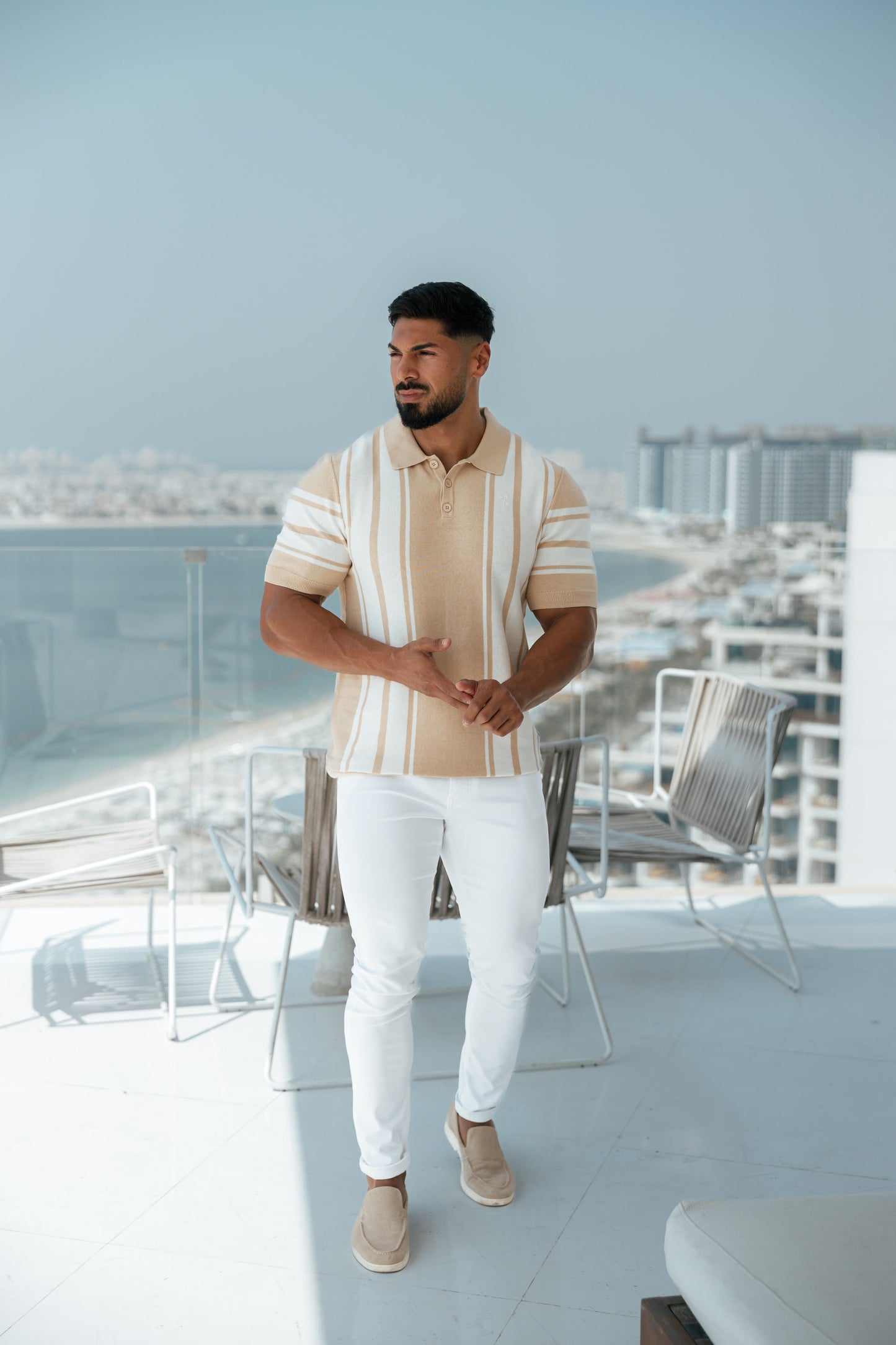 Elevate Your Wardrobe with the Father Sons Chic Beige & Off-White Vertical Stripe Knitted Polo - Short Sleeve Style!