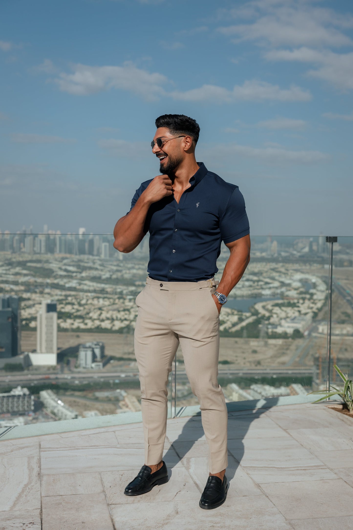 Father Sons Tailored Fit Stretch Navy Denim Short Sleeve Shirt with Stylish Button Down Collar - FS1019