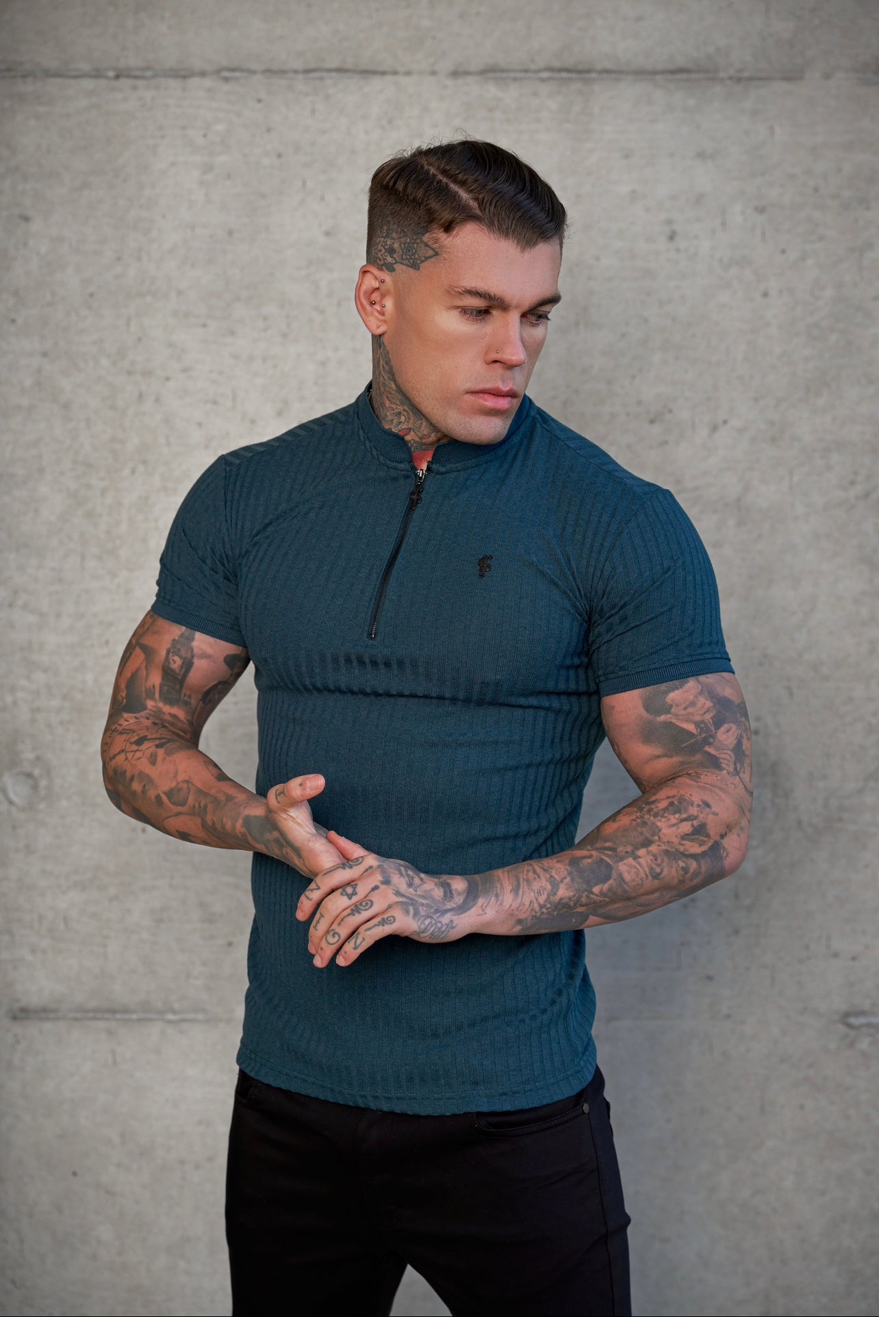Elevate Your Style with the Father Sons Classic Forest Green & Black Ribbed Zip Grandad Collar Shirt - Short Sleeve FSH917