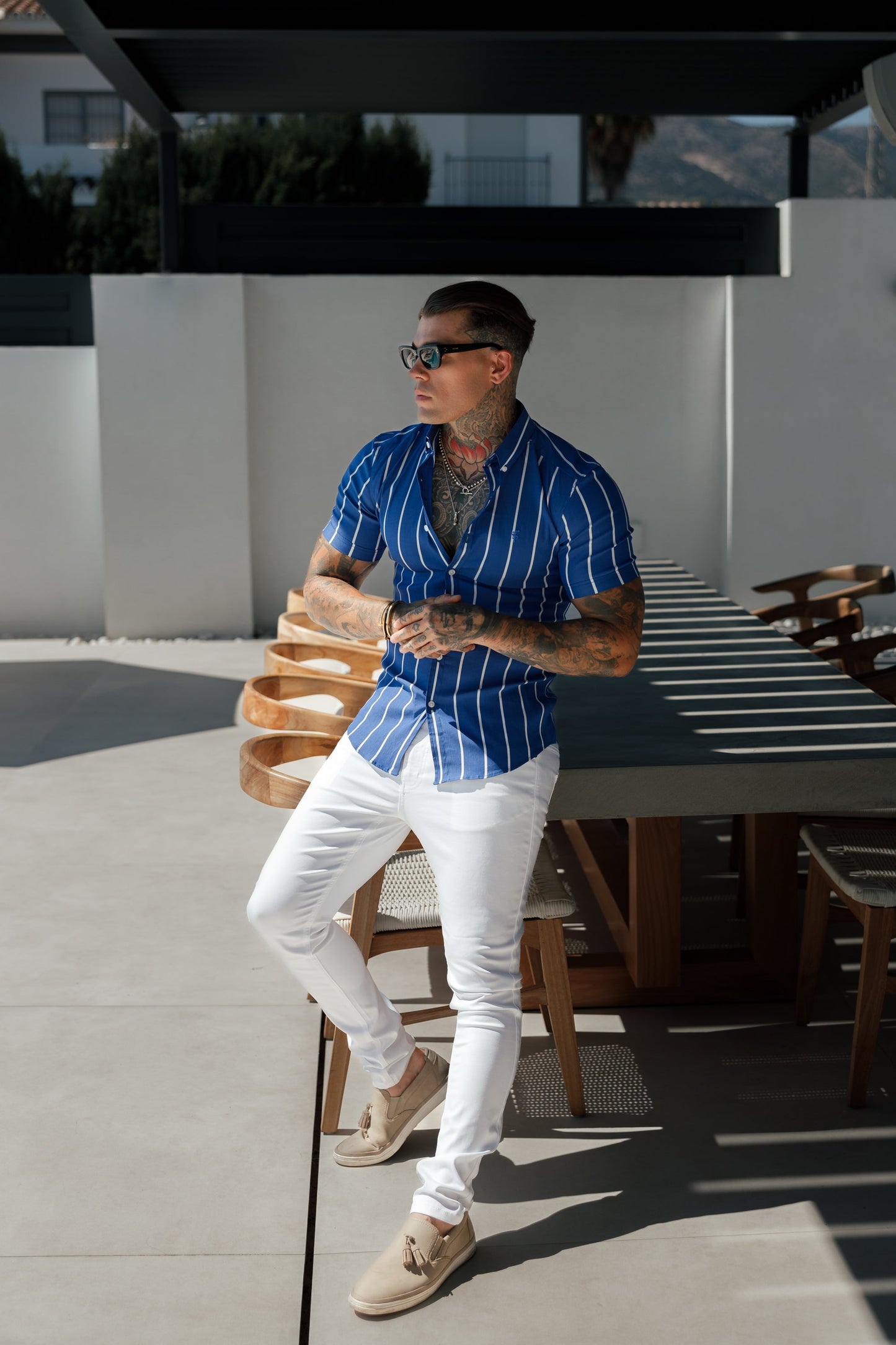 Elevate Your Style with Father Sons Ocean Blue Super Slim Stretch Short Sleeve Shirt – Bold Wide Stripes & Button Down Collar - FS1056