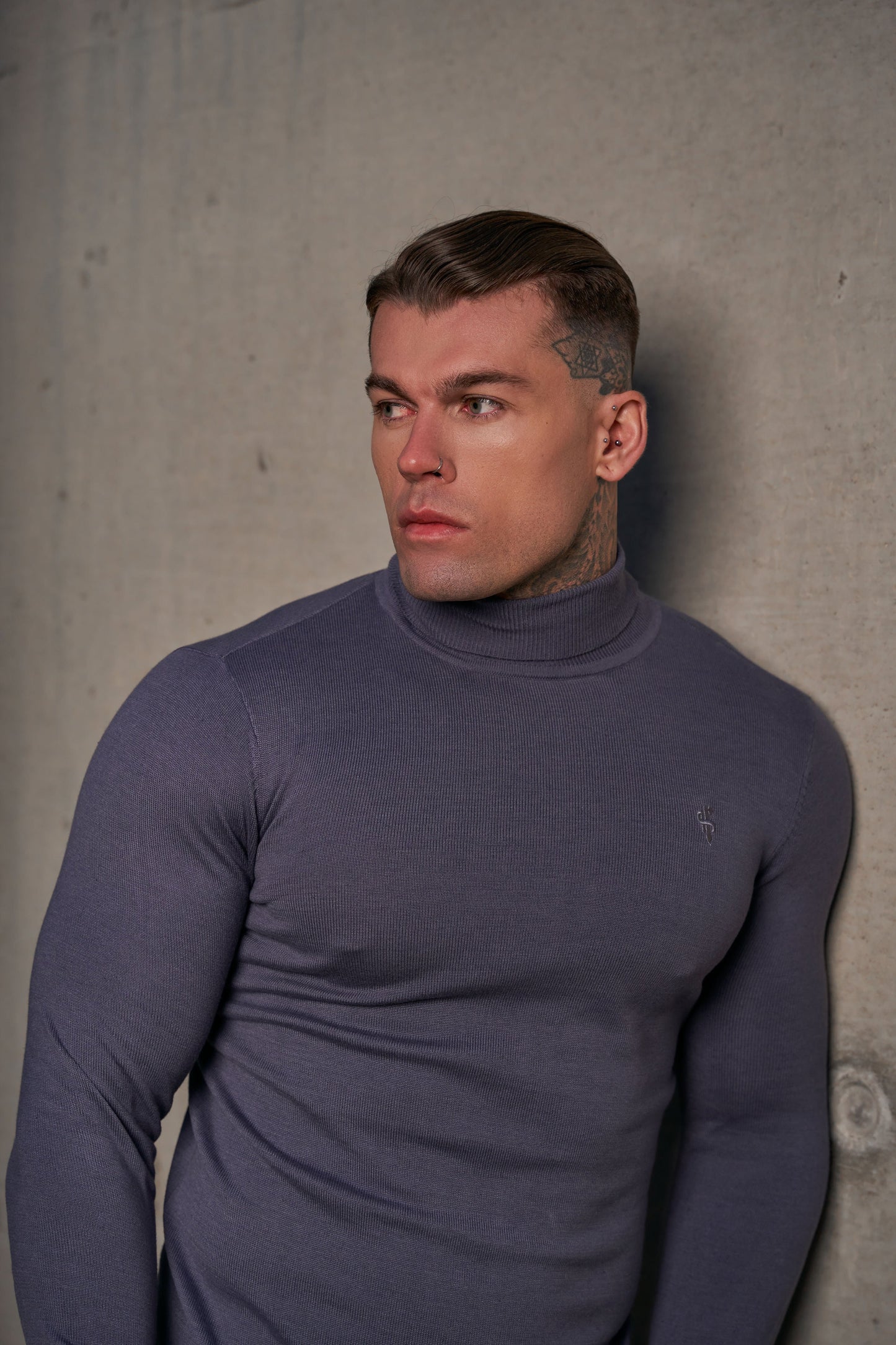 Elevate Your Style: Father Sons Classic Gunmetal Roll Neck Knit Sweater with Subtle Emblem - FSN137