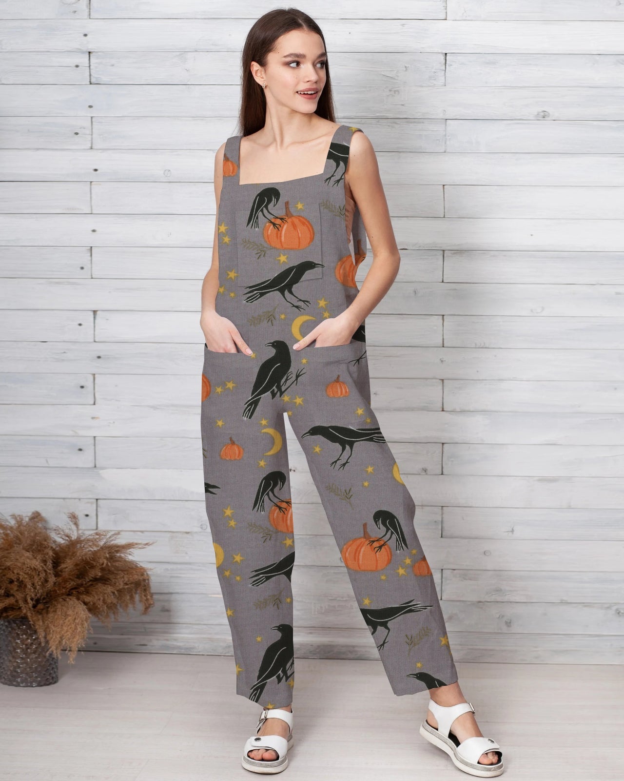 Women's Crow & Pumpkin Print Loose Cotton and Linen Jumpsuit