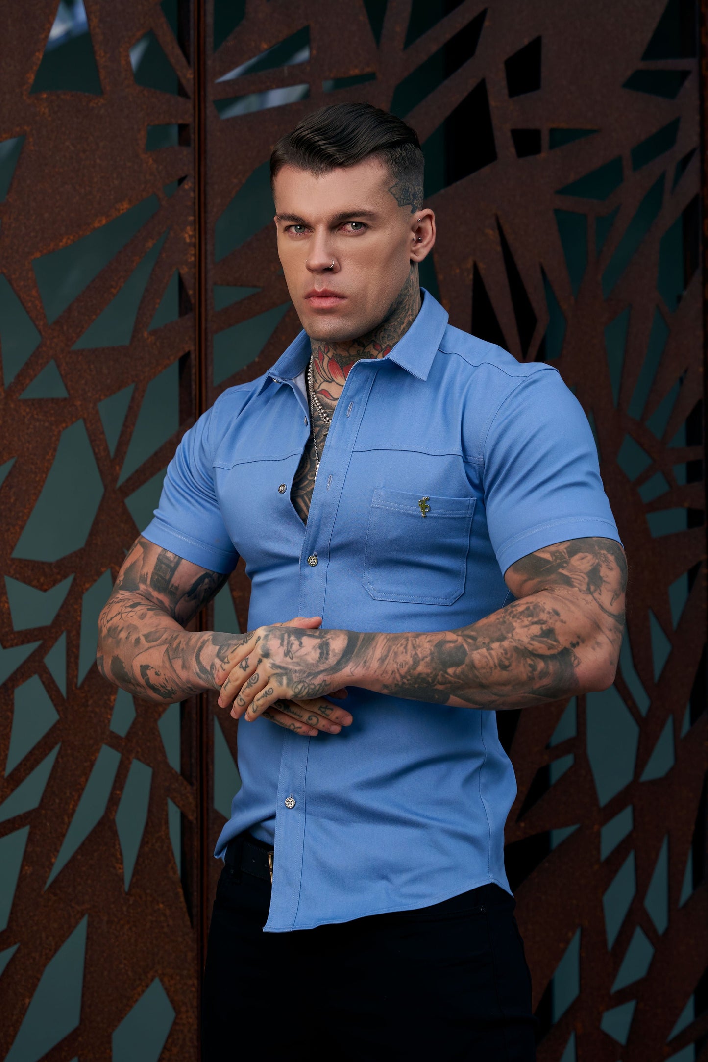 Elevate Your Style with Father Sons Super Slim Stretch Light Blue Denim Short Sleeve Shirt Featuring Horizontal Seam and Pocket - FS957
