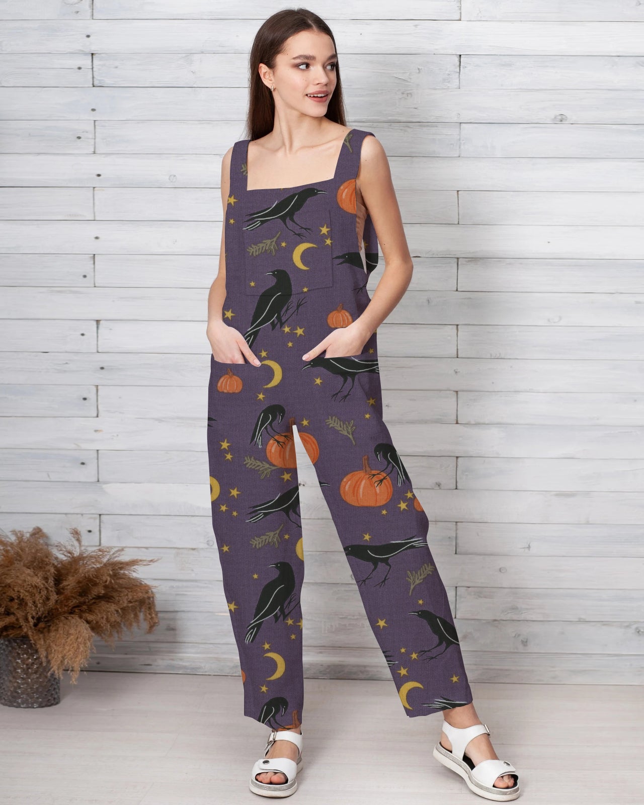Women's Crow & Pumpkin Print Loose Cotton and Linen Jumpsuit