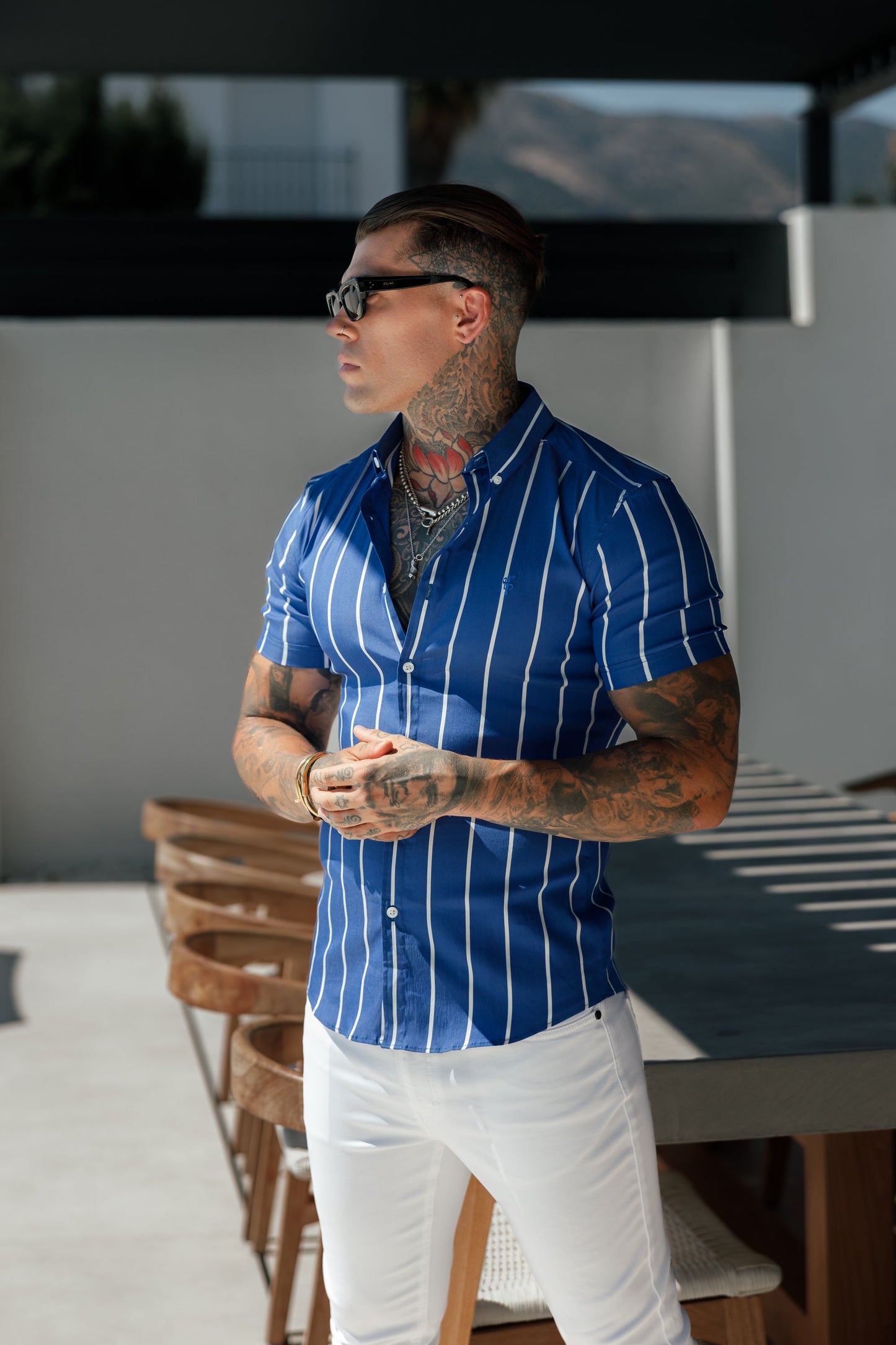 Elevate Your Style with Father Sons Ocean Blue Super Slim Stretch Short Sleeve Shirt – Bold Wide Stripes & Button Down Collar - FS1056