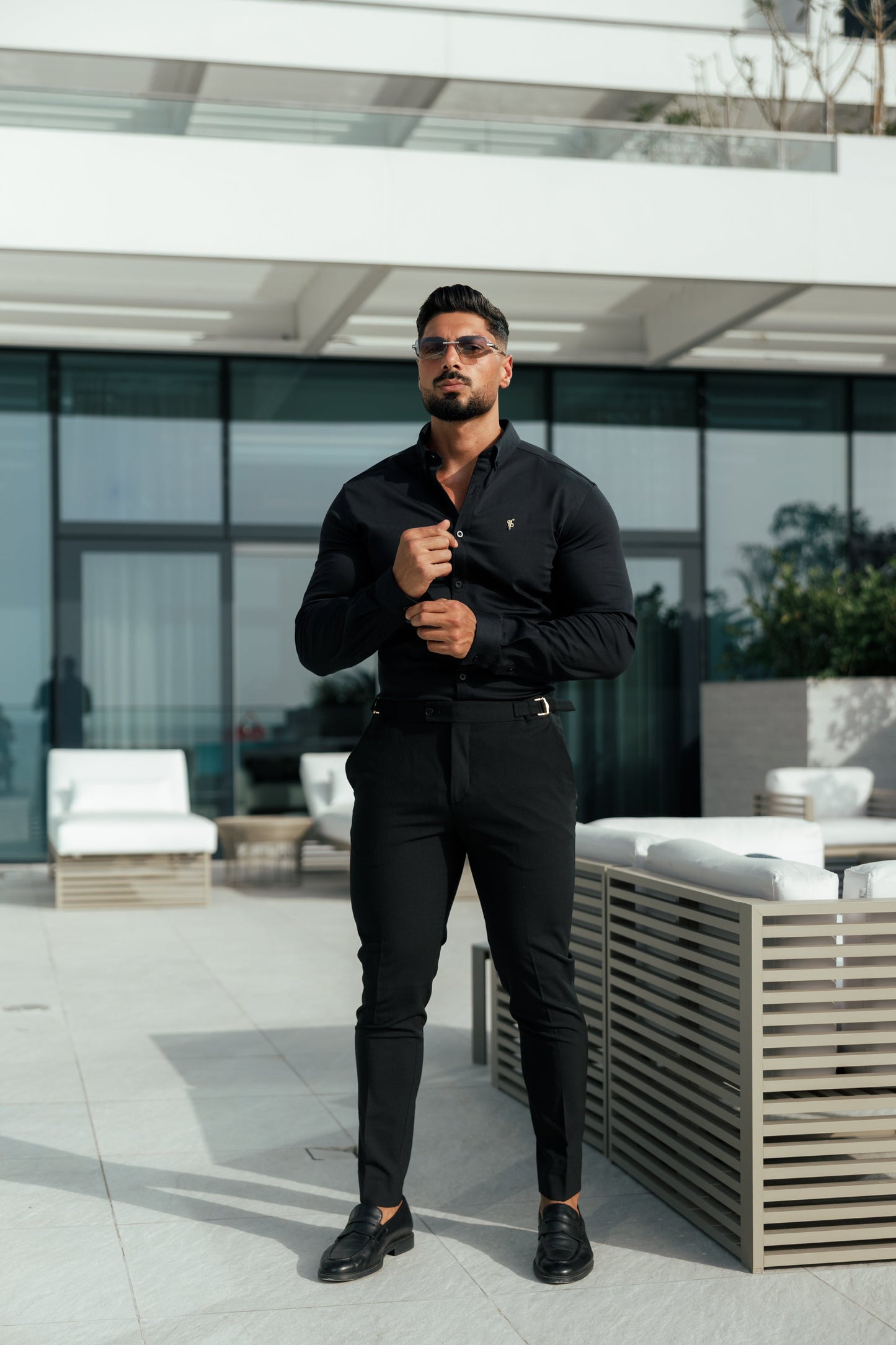 Elevate Your Style with Father Sons Slim Fit Black Stretch Trousers Featuring Luxurious Gold Waist Adjusters - FST018 (Available for Pre-Order Starting September 19th)