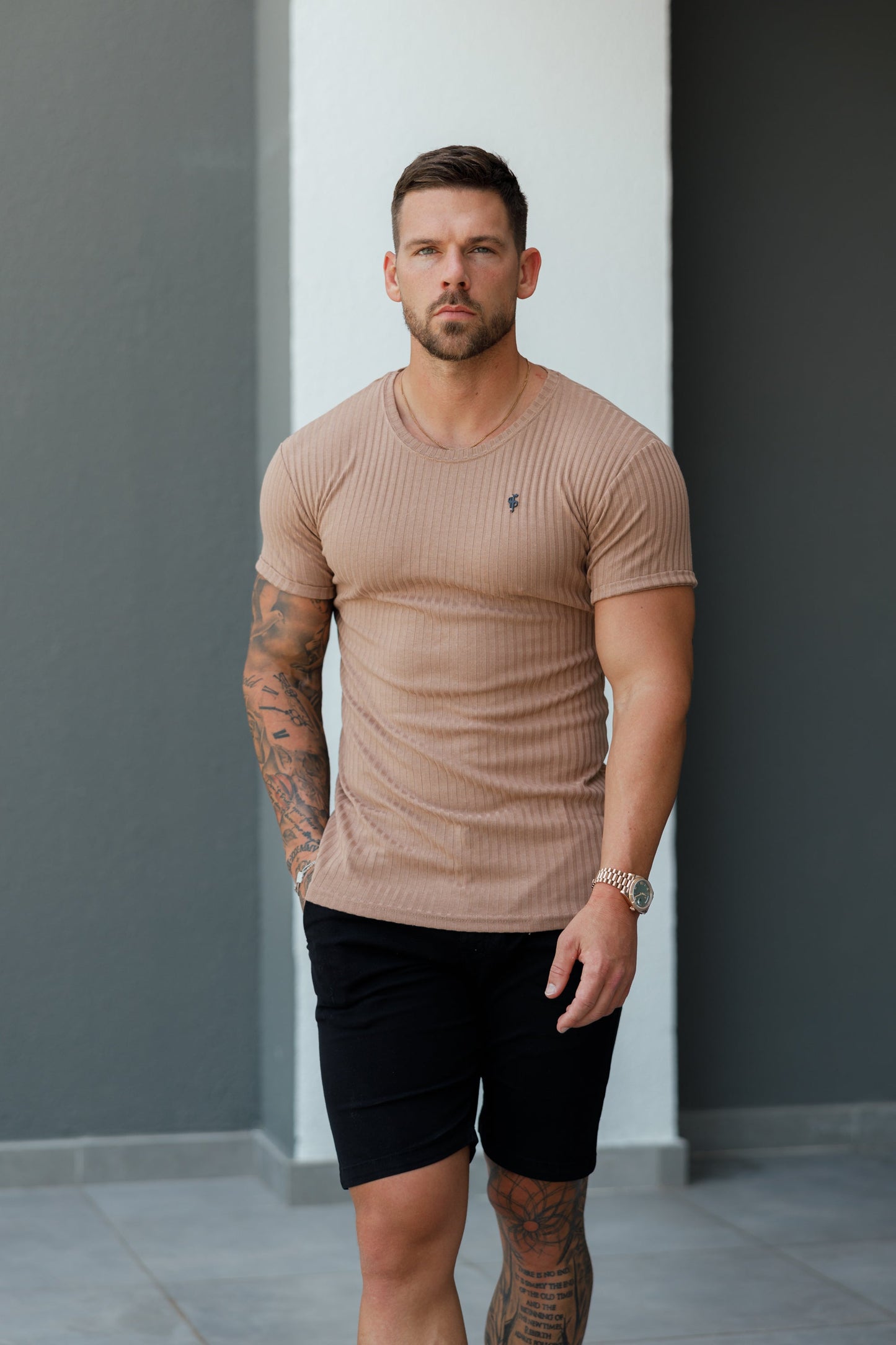 Elevate Your Wardrobe with Father Sons Classic Black Ribbed Knit Super Slim Short Sleeve Crew Tee - FSH1090