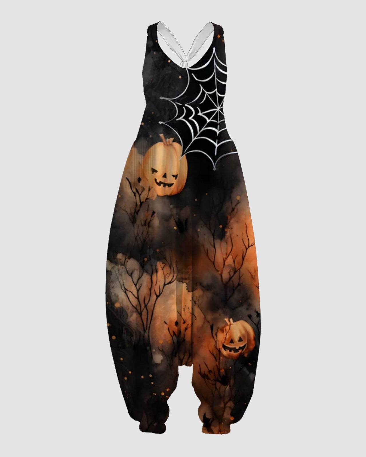Women's Scary Cobweb Print Sleeveless Jumpsuit Harem Pants