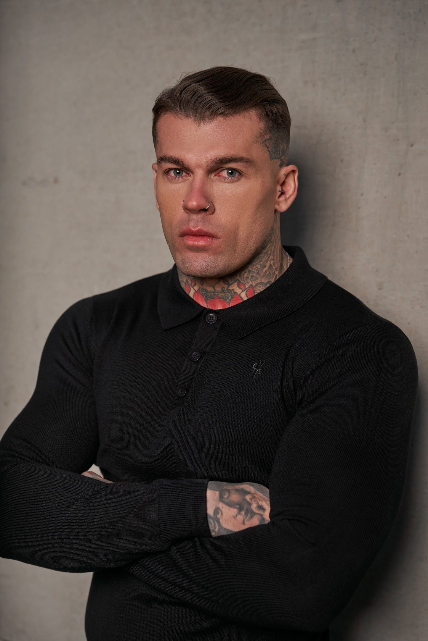 Timeless Elegance: Classic Black Long Sleeve Knitted Polo Jumper for Men with Subtle Tonal FS Embroidery - FSN139