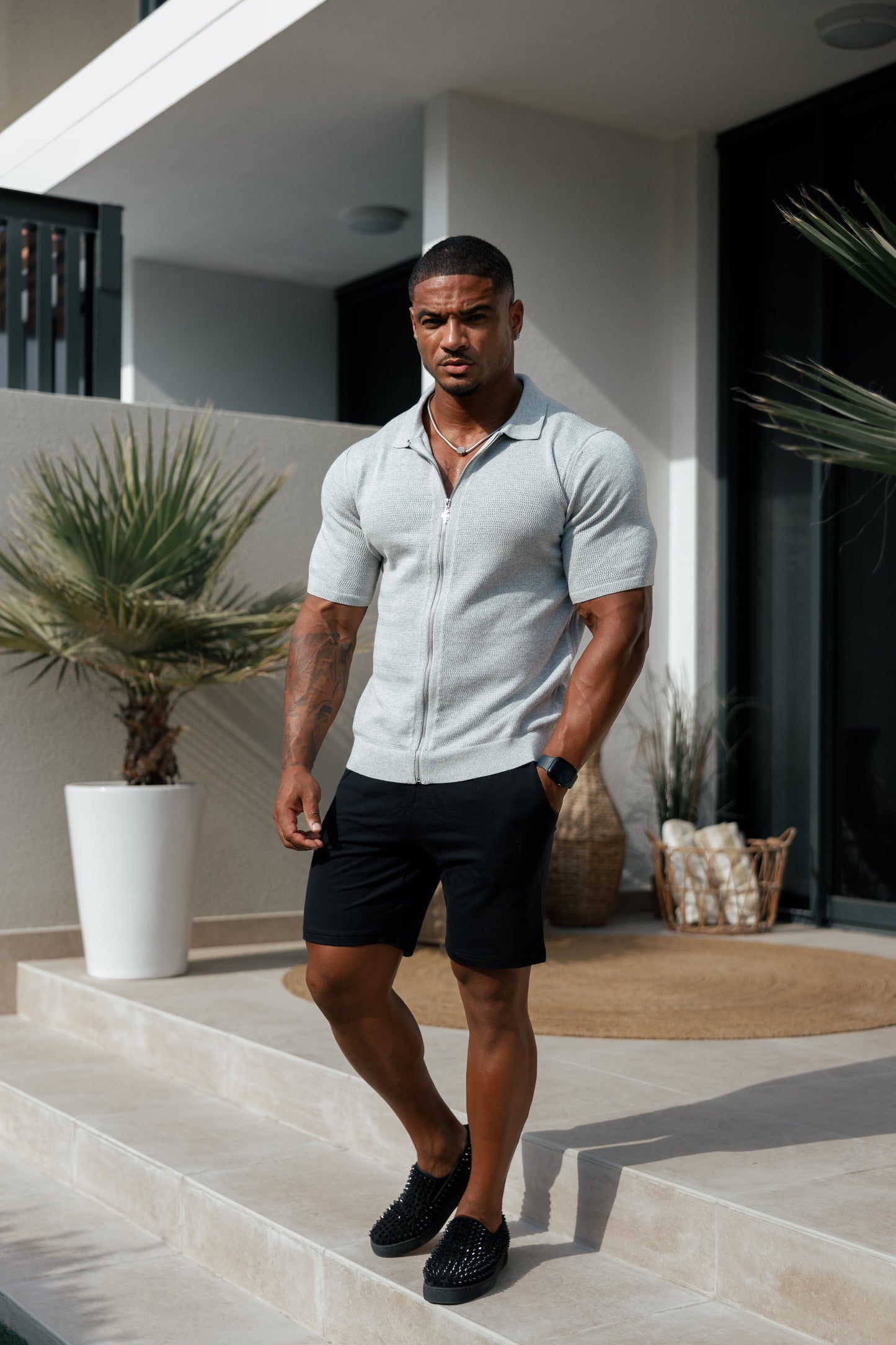 Elevate Your Wardrobe: Father Sons Light Grey Short Sleeve Knit Zip-Up with Chic Textured Design - FSN154