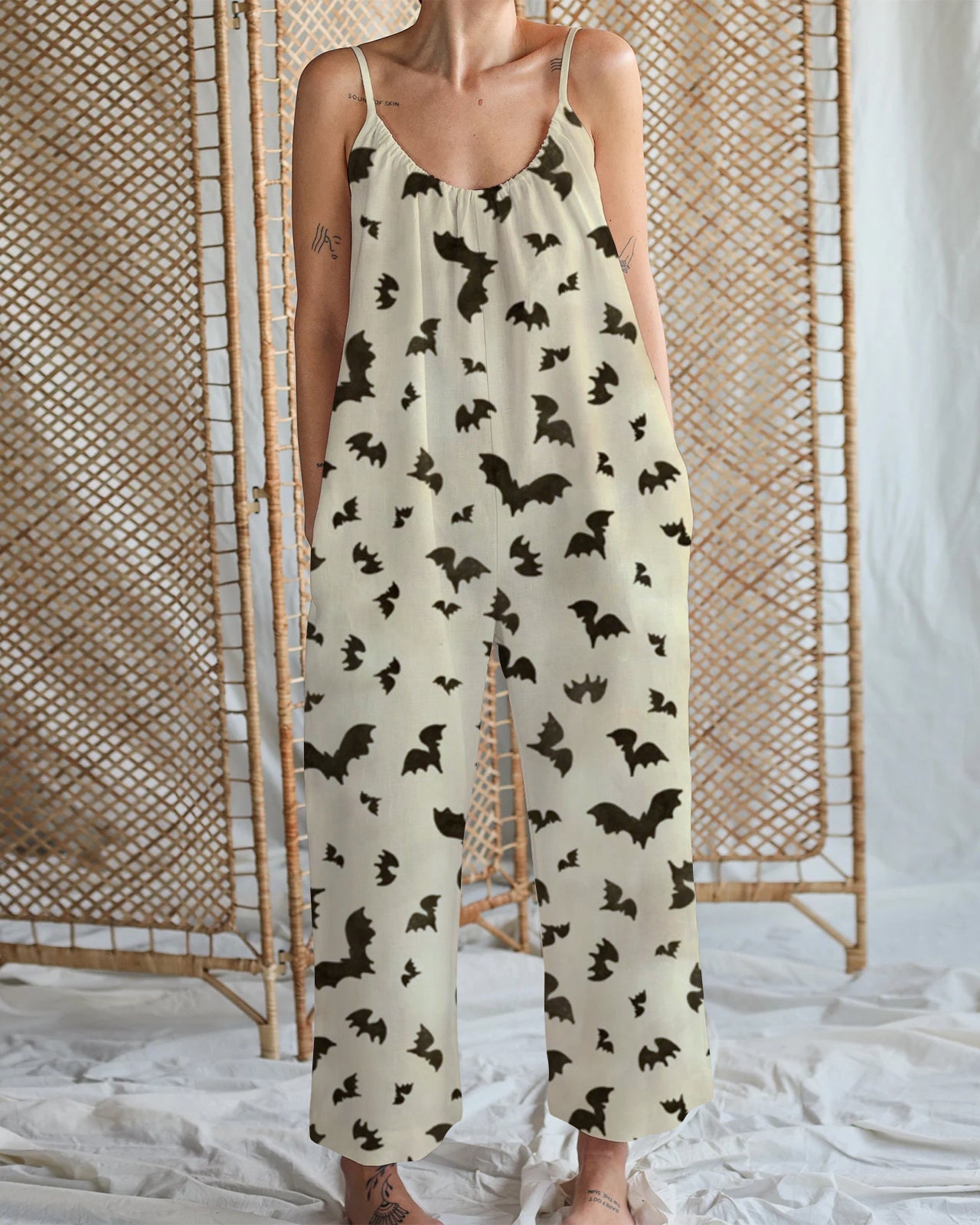 Women's Bat Print Cotton and Linen Wide Leg Strap Jumpsuit