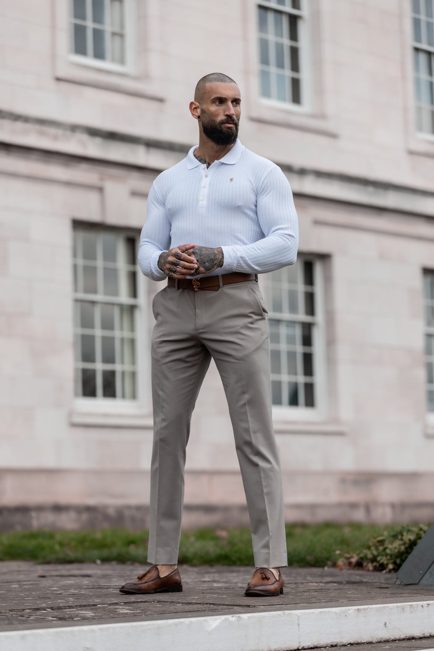 Elevate Your Style with the Father Sons Long Sleeve White Ribbed Polo Shirt Featuring a Stunning Gold Decal - FSH975