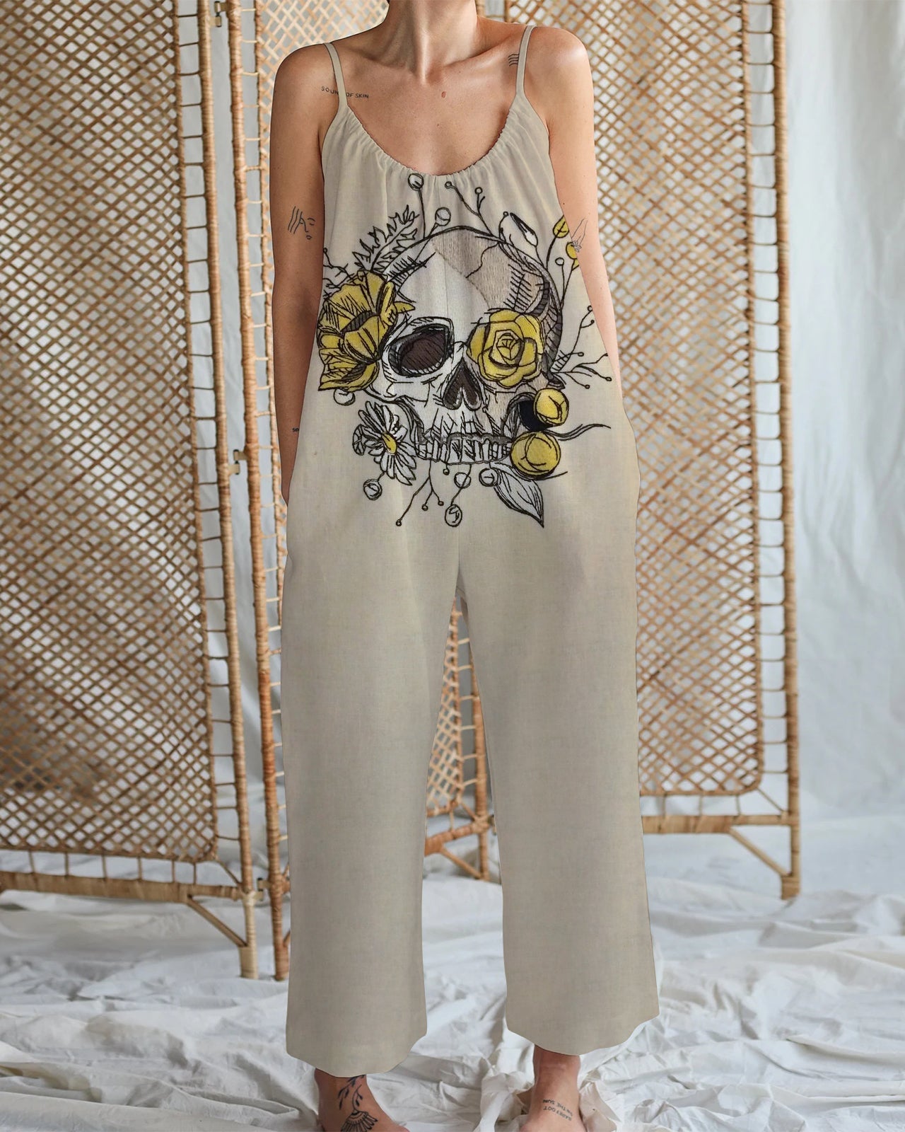 Women's Yellow Rose & Skull Print Cotton and Linen Wide Leg Strap Jumpsuit