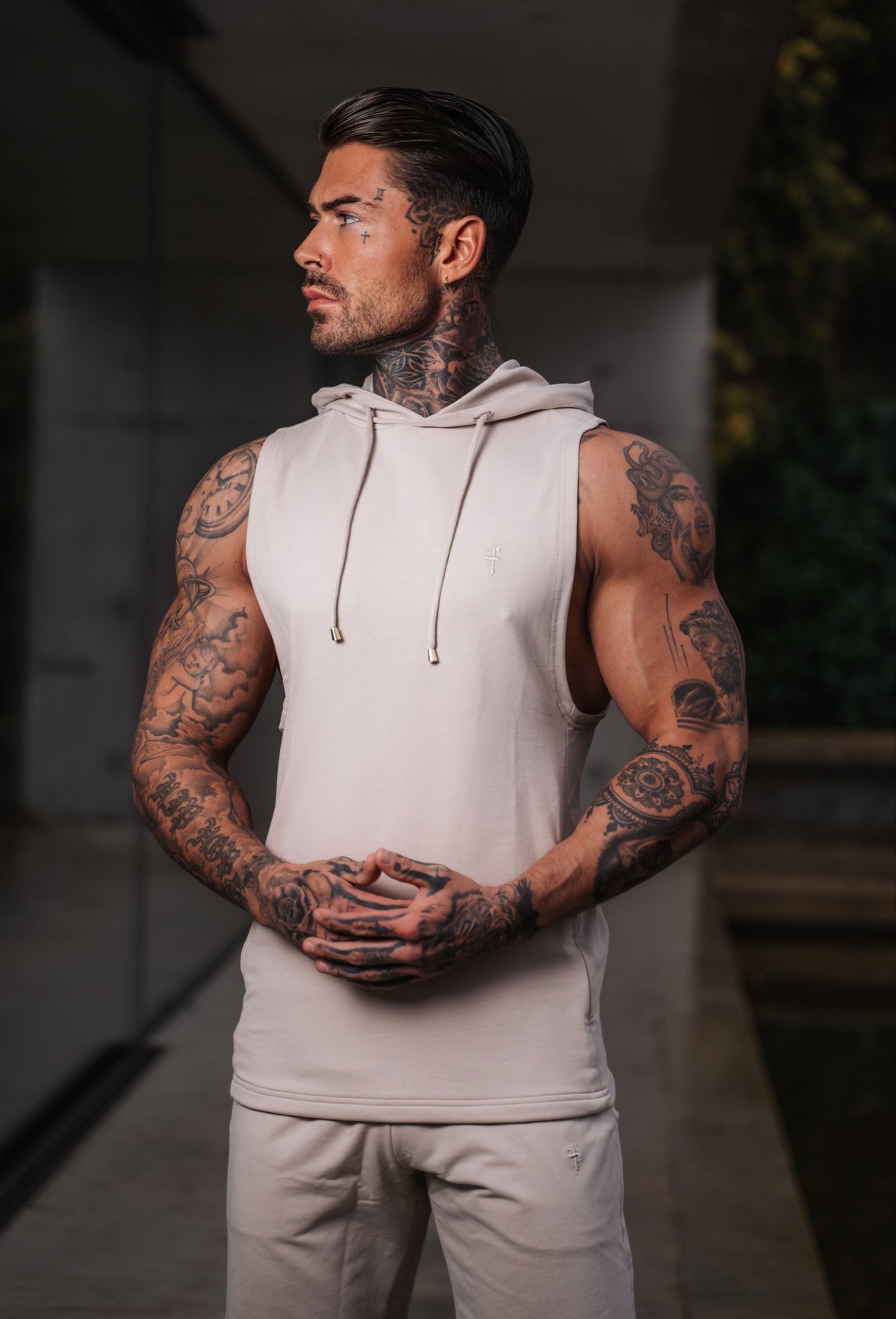 Elevate Your Workout: Father Sons Stylish Sleeveless Beige Gym Hoodie - FSH896
