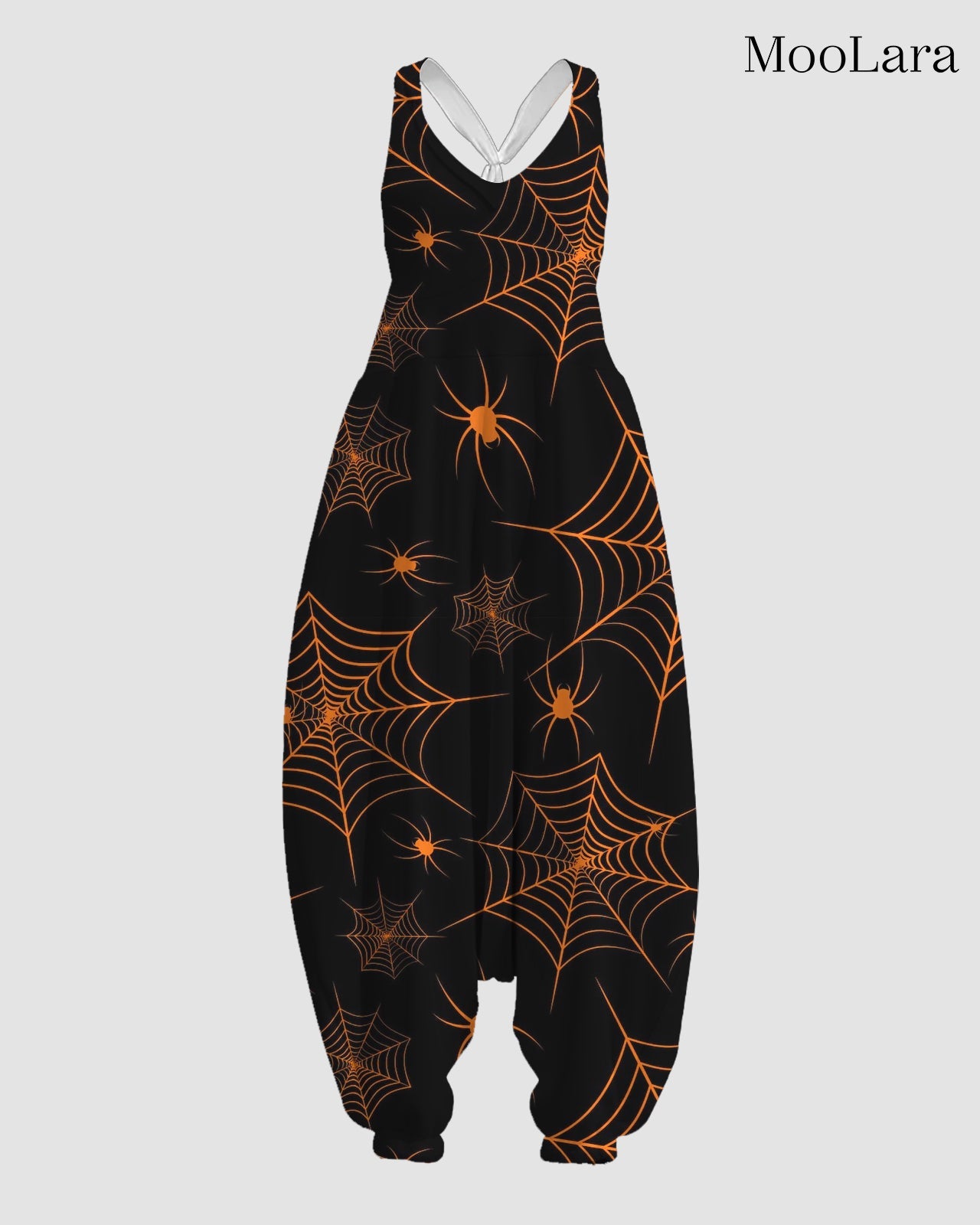 Women's Orange Spider Web Print Sleeveless Jumpsuit Harem Pants