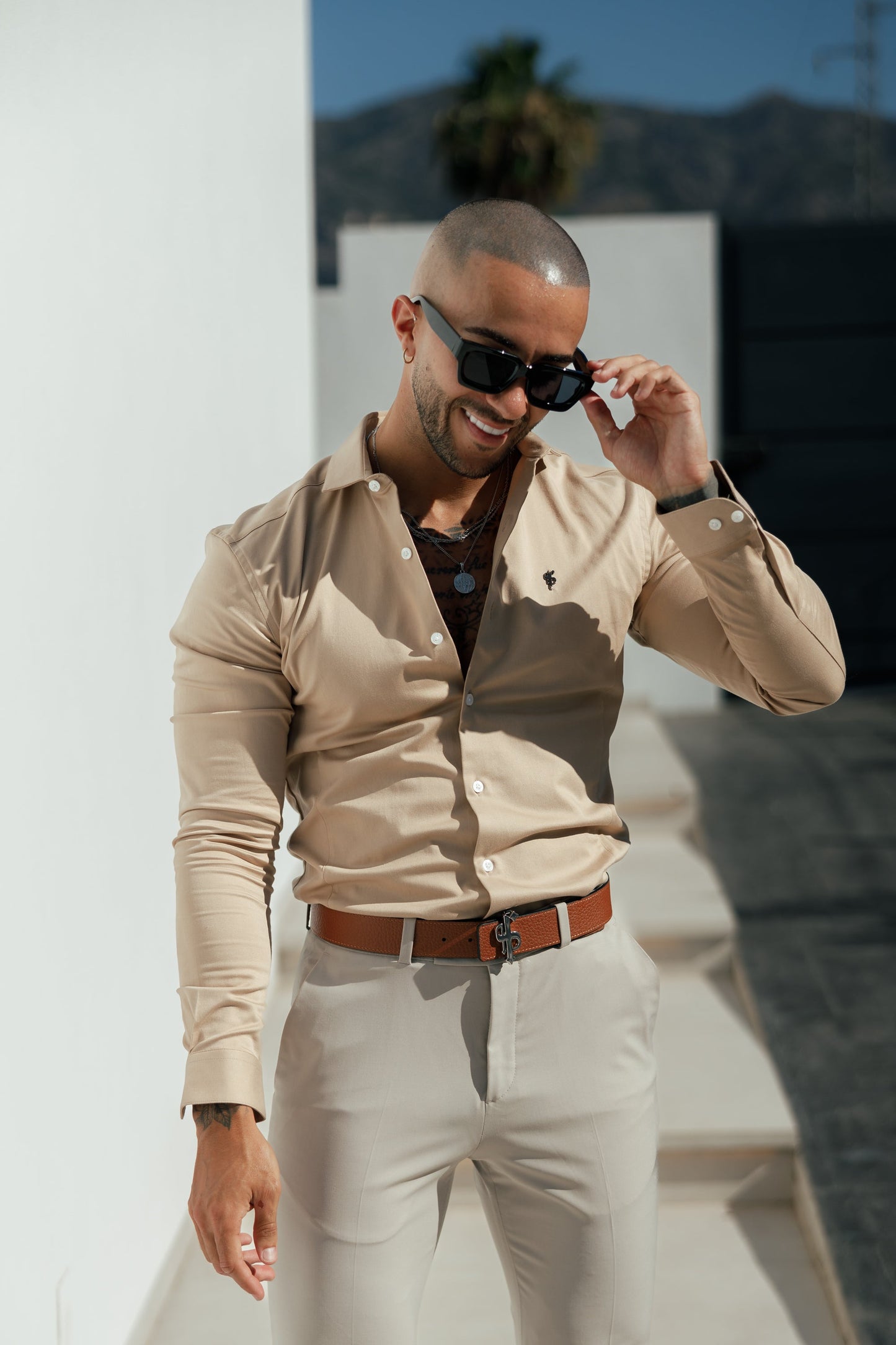 Elevate Your Wardrobe with the Father Sons Super Slim Stretch Vintage Beige Side Panel Long Sleeve Shirt - FS1089