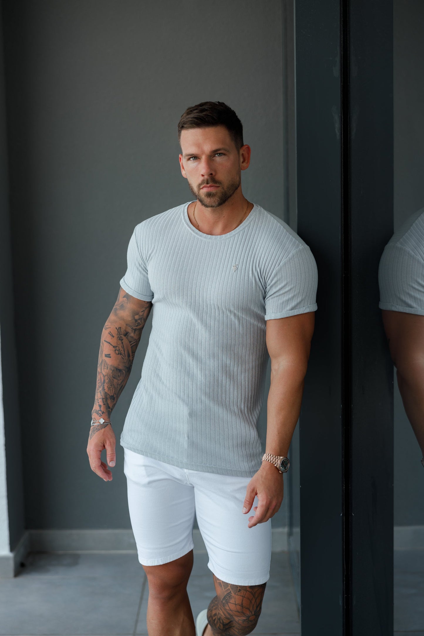 Elevate Your Wardrobe with the Father Sons Light Grey Ribbed Knit Super Slim Short Sleeve Crew - FSH1085
