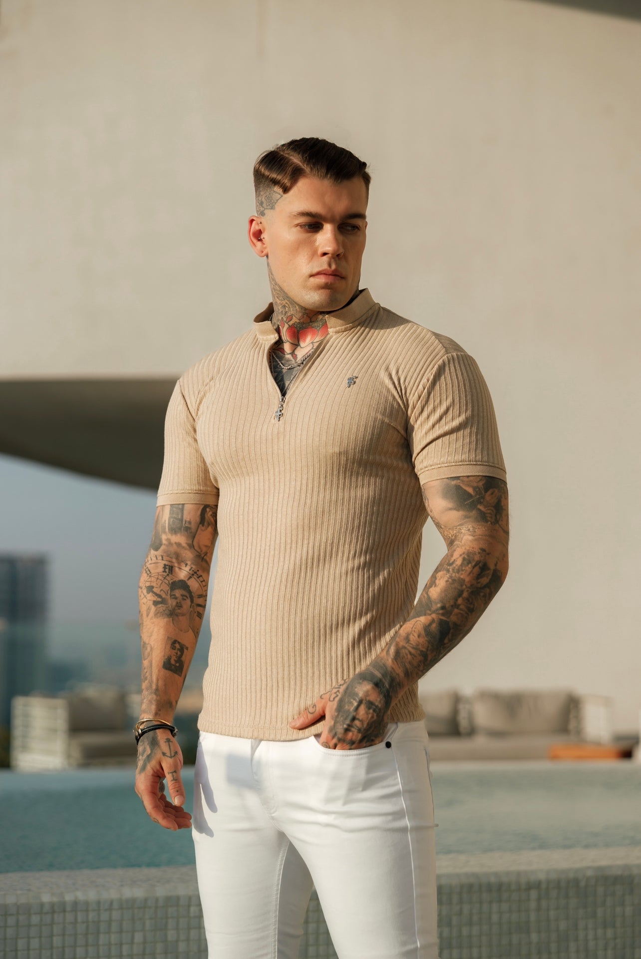 Elevate Your Wardrobe with the Father Sons Classic Beige Ribbed Silver Zip Grandad Collar Short Sleeve Shirt - FSH916