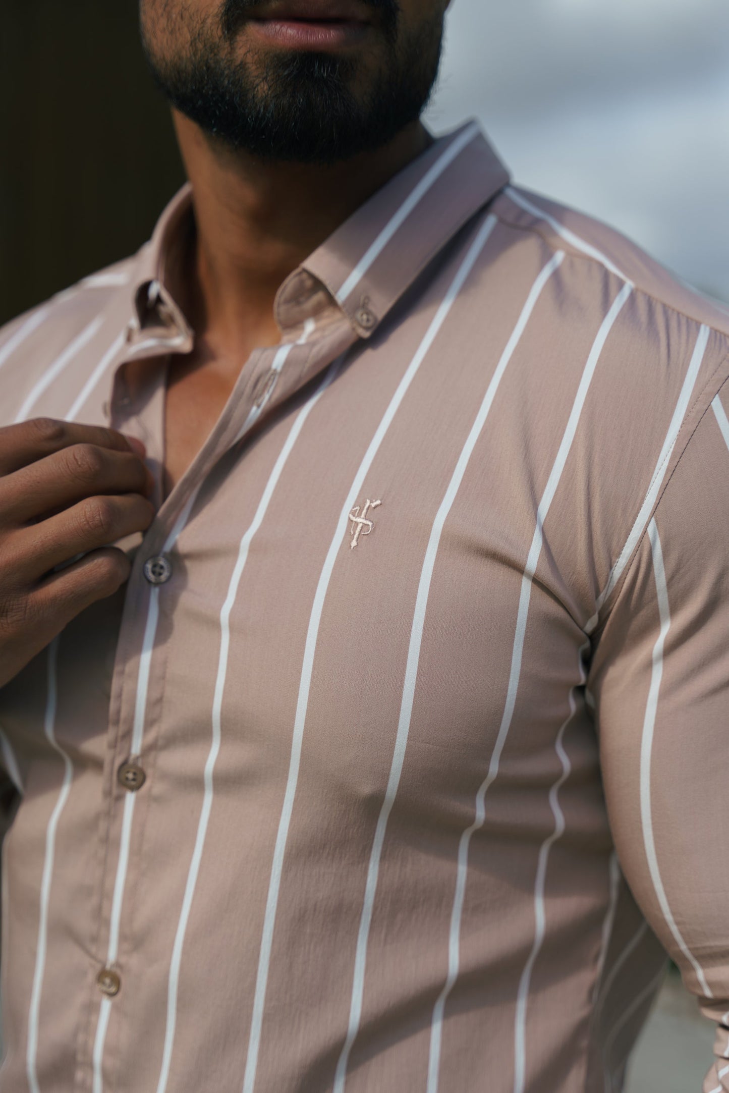 Elevate Your Style: Father Sons Super Slim Stretch Taupe Stripe Long Sleeve Shirt with Button Down Collar - FS1065