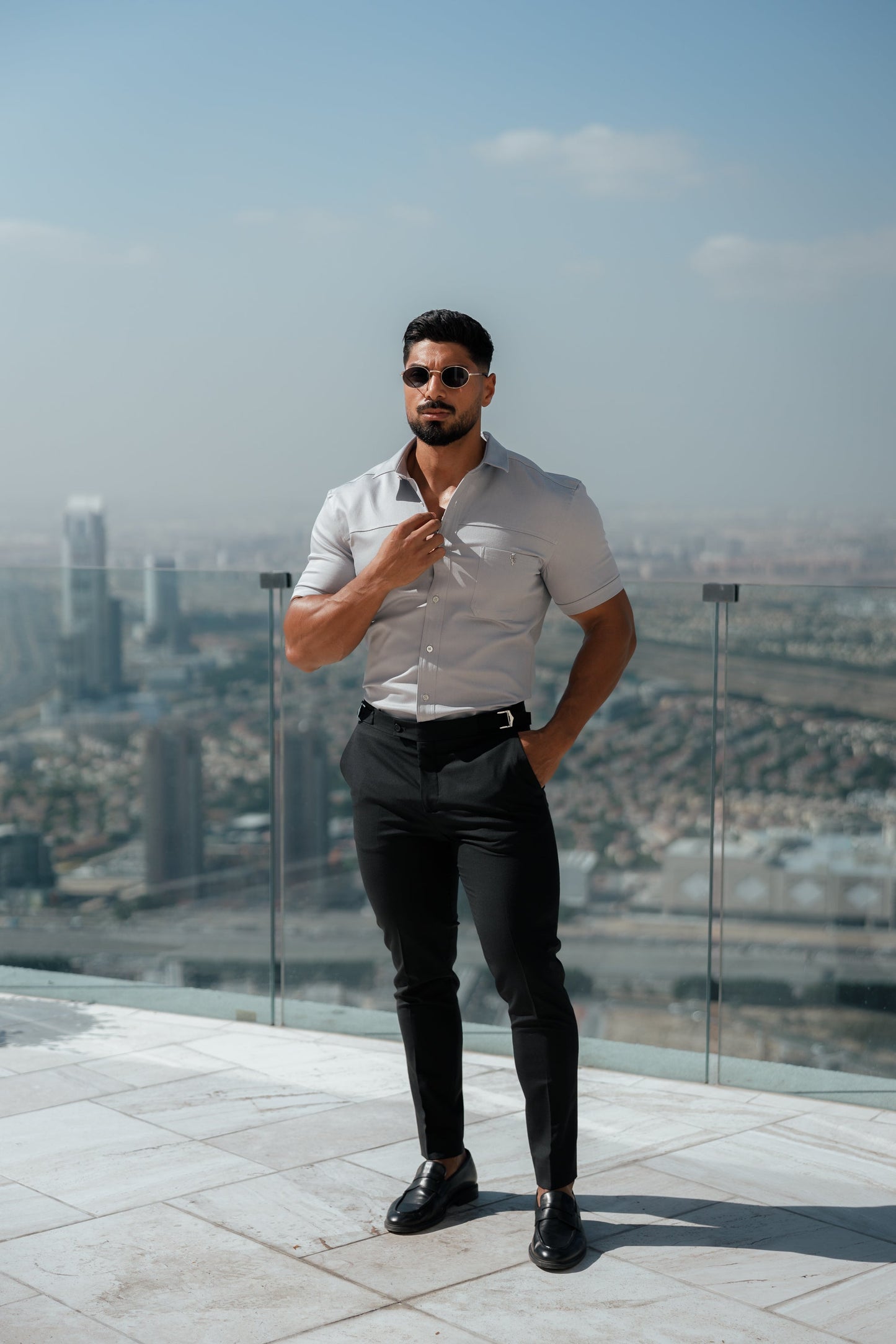 Elevate Your Style with Father Sons Super Slim Stretch Grey Denim Short Sleeve Shirt Featuring Horizontal Seam and Pocket - FS960