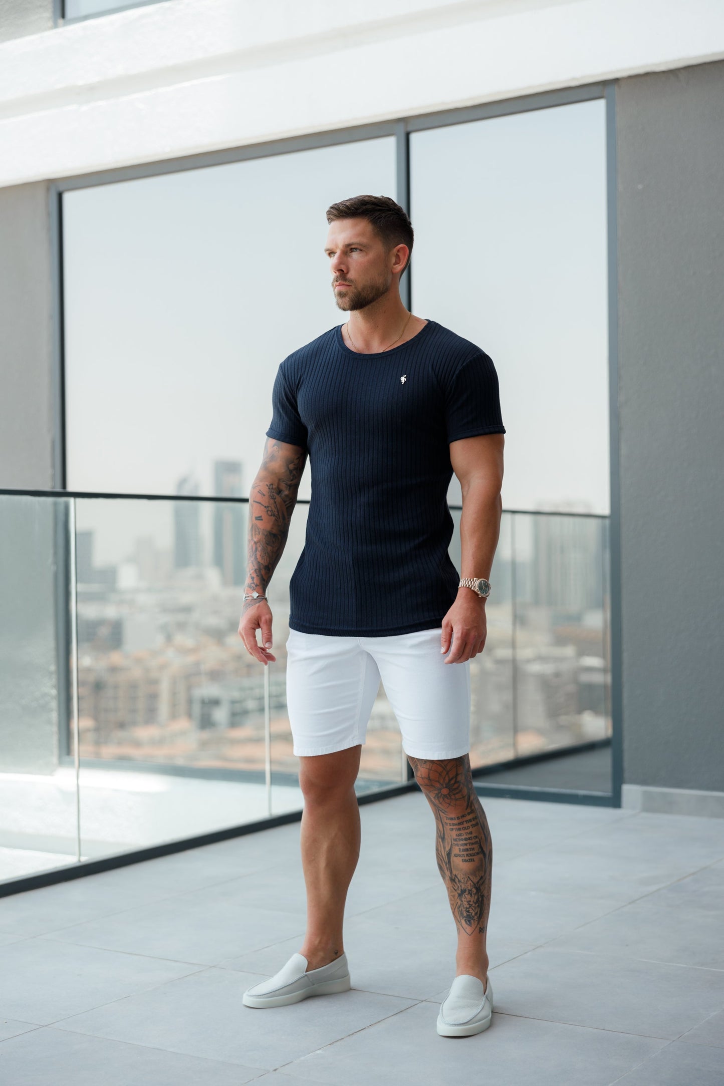 Classic Navy & Gold Ribbed Knit Super Slim Fit Short Sleeve Crew for Men - Perfect for Any Occasion!