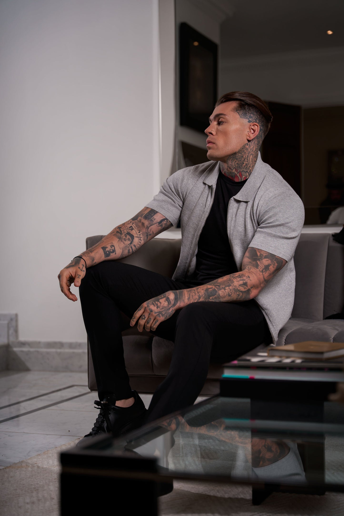 Elevate Your Wardrobe: Father Sons Light Grey Short Sleeve Knit Zip-Up with Chic Textured Design - FSN154