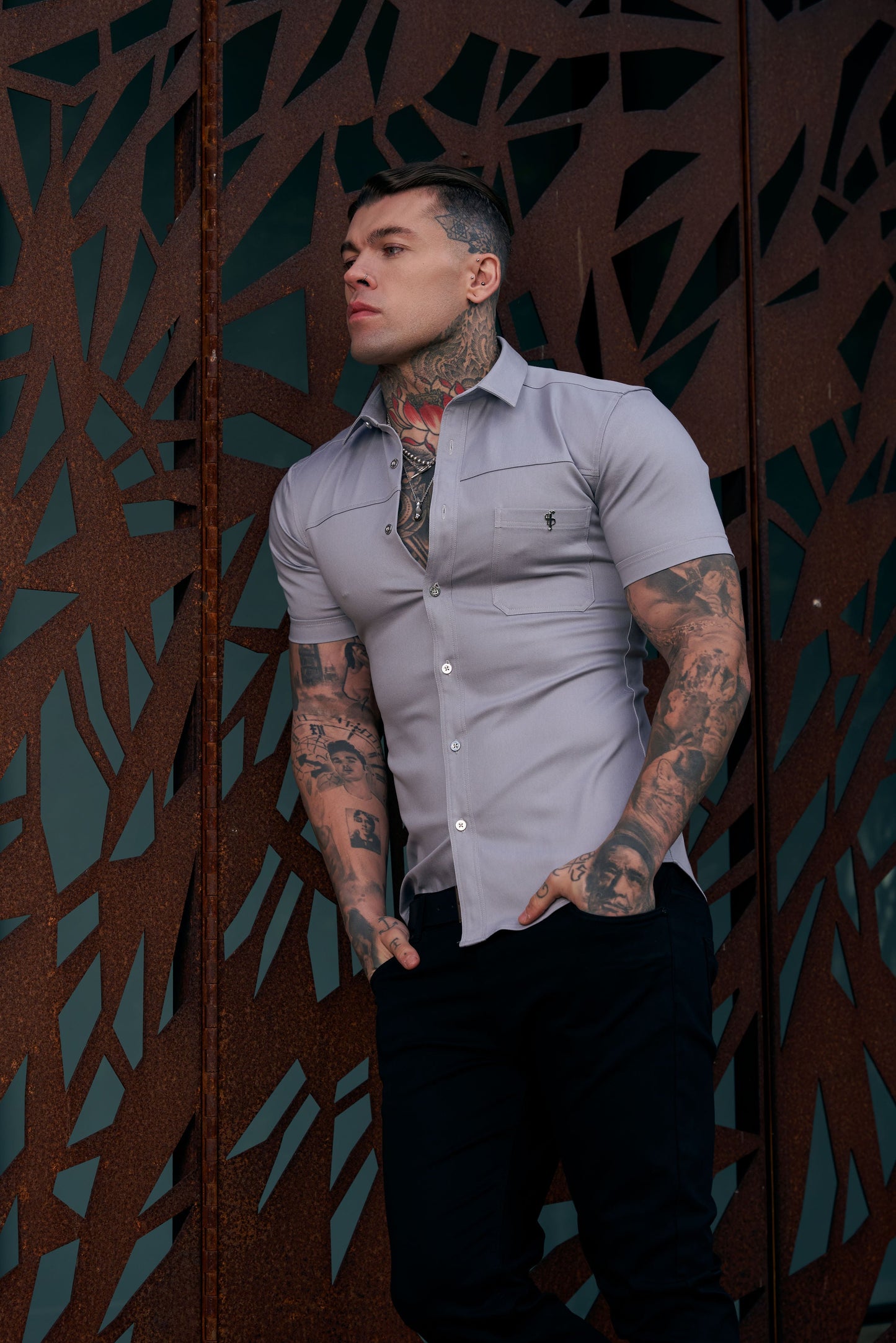 Elevate Your Style with Father Sons Super Slim Stretch Grey Denim Short Sleeve Shirt Featuring Horizontal Seam and Pocket - FS960