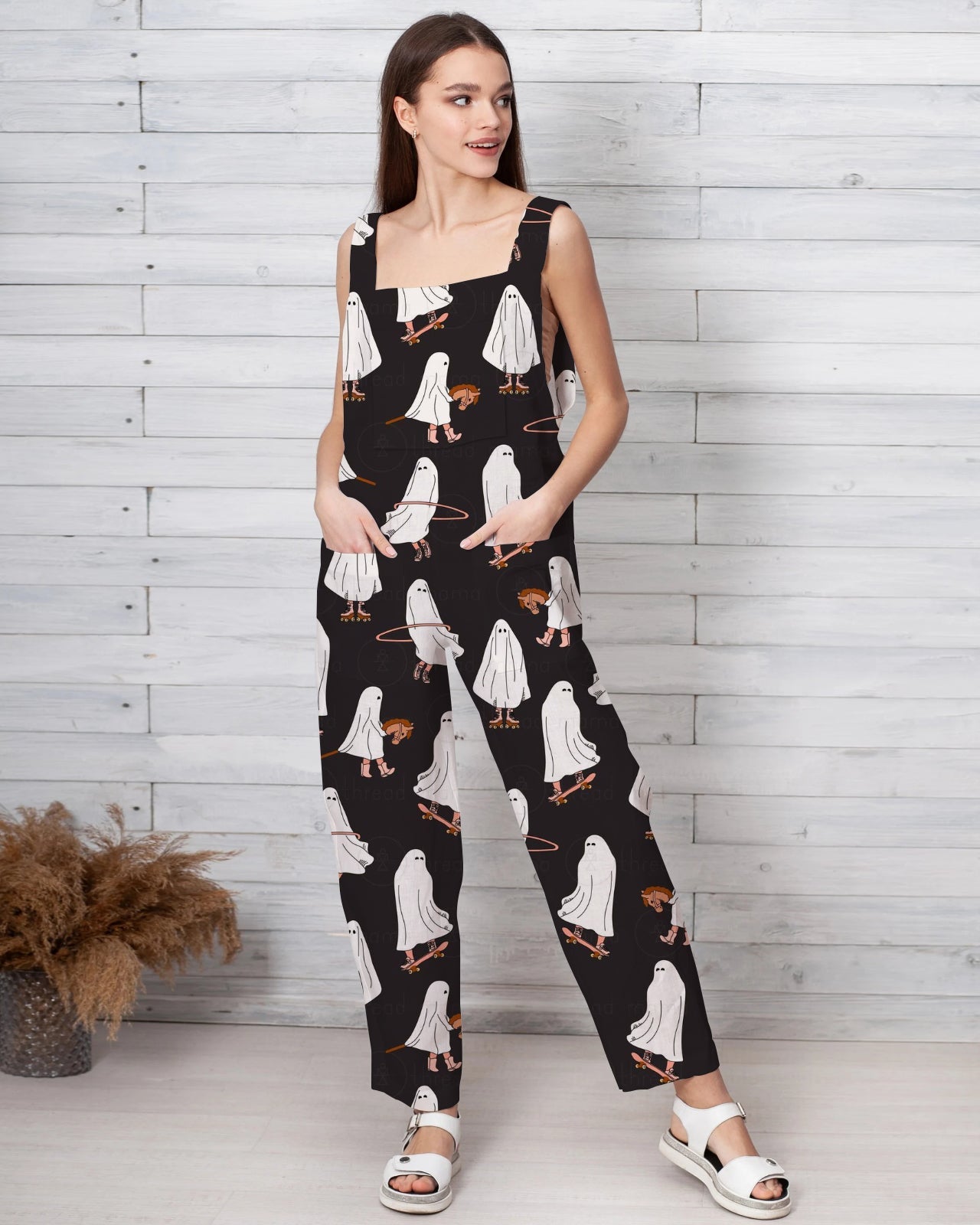 Women's Ghostly Games Print Loose Cotton and Linen Jumpsuit