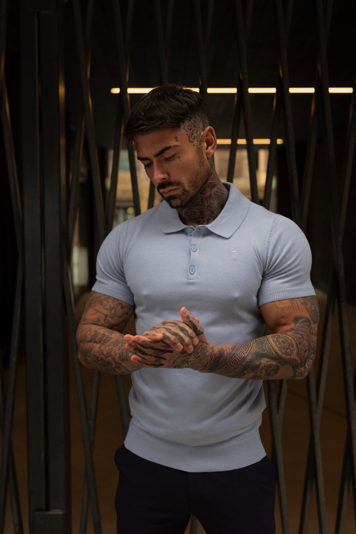 Elevate Your Wardrobe with the Father Sons Classic Pale Blue Short Sleeve Knitted Polo Jumper Featuring Elegant Tonal FS Embroidery - FSN146