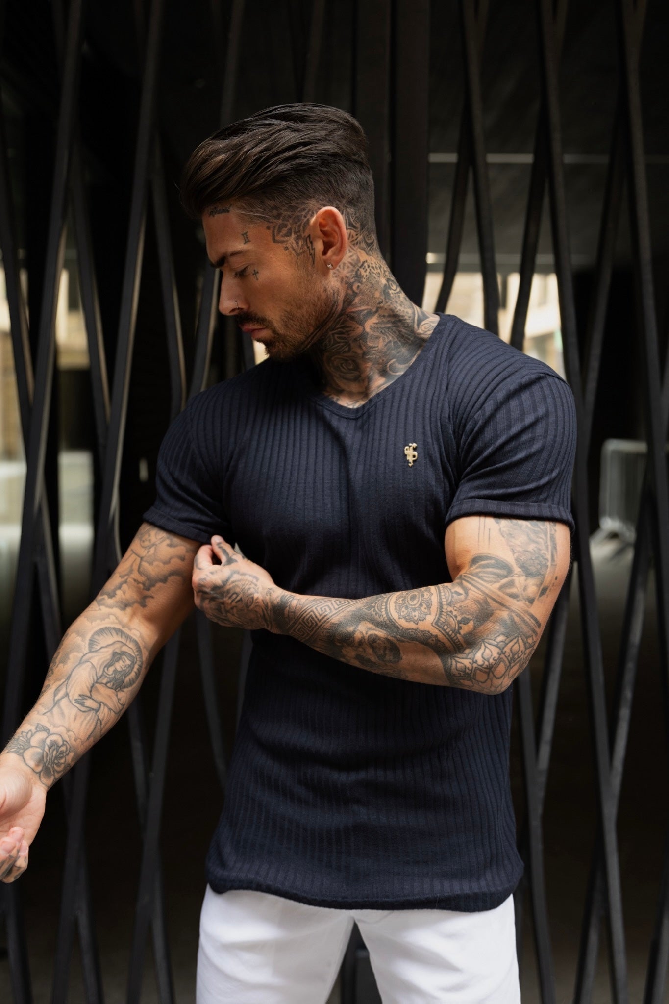 Classic Navy & Gold Ribbed Knit Super Slim Fit Short Sleeve Crew for Men - Perfect for Any Occasion!