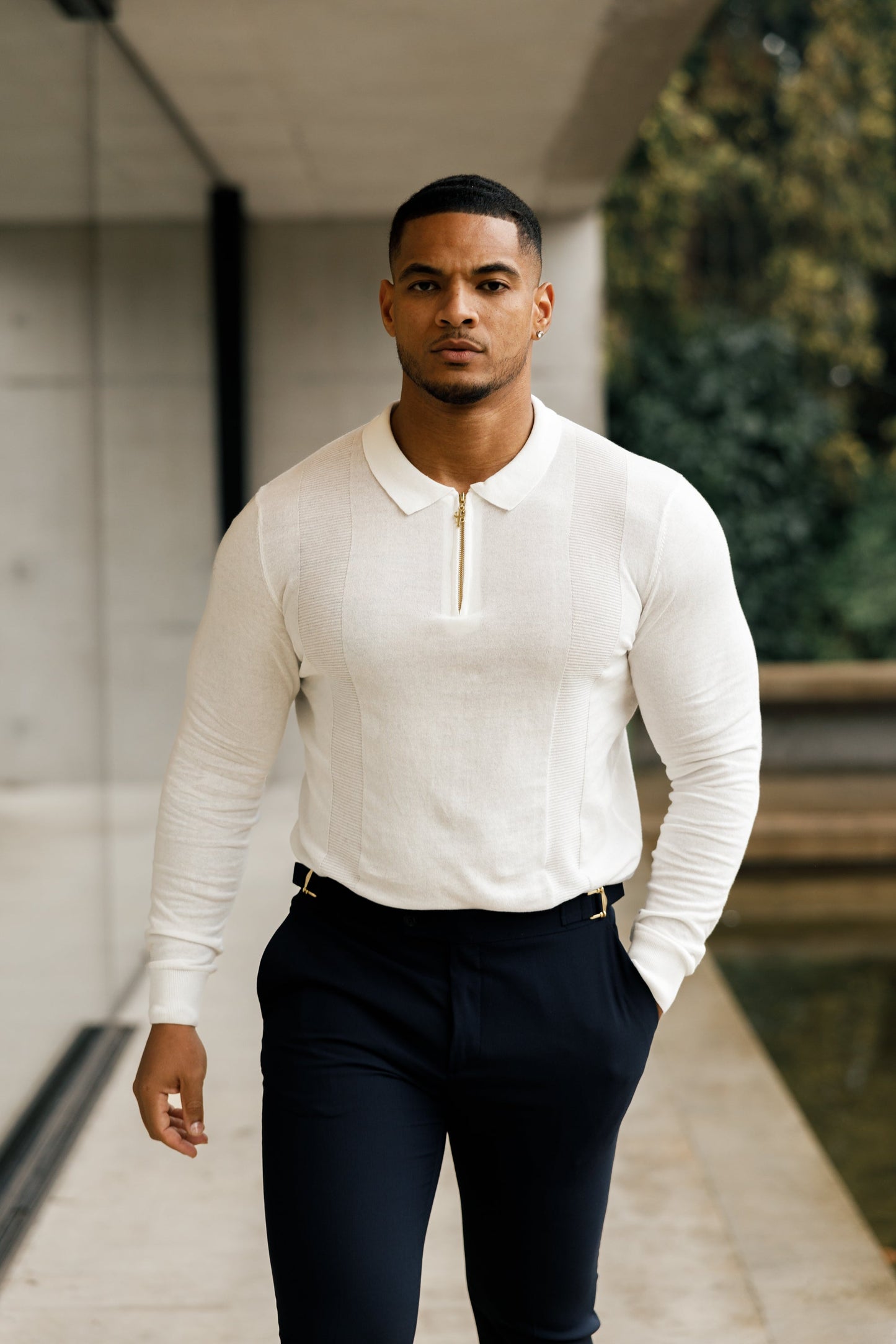 Ultimate Father Sons White and Gold Long Sleeve Zip Polo - FSN125