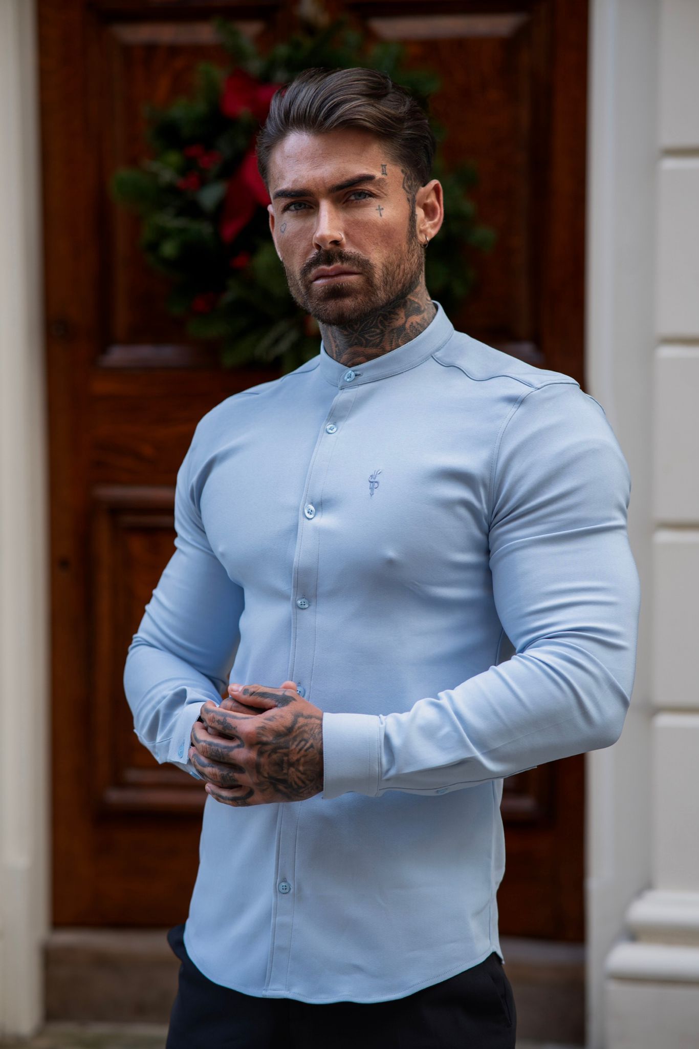 Elevate Your Style with Father Sons Super Slim Light Blue Scuba Stretch Long Sleeve Shirt featuring a Trendy Grandad Collar - FS1002