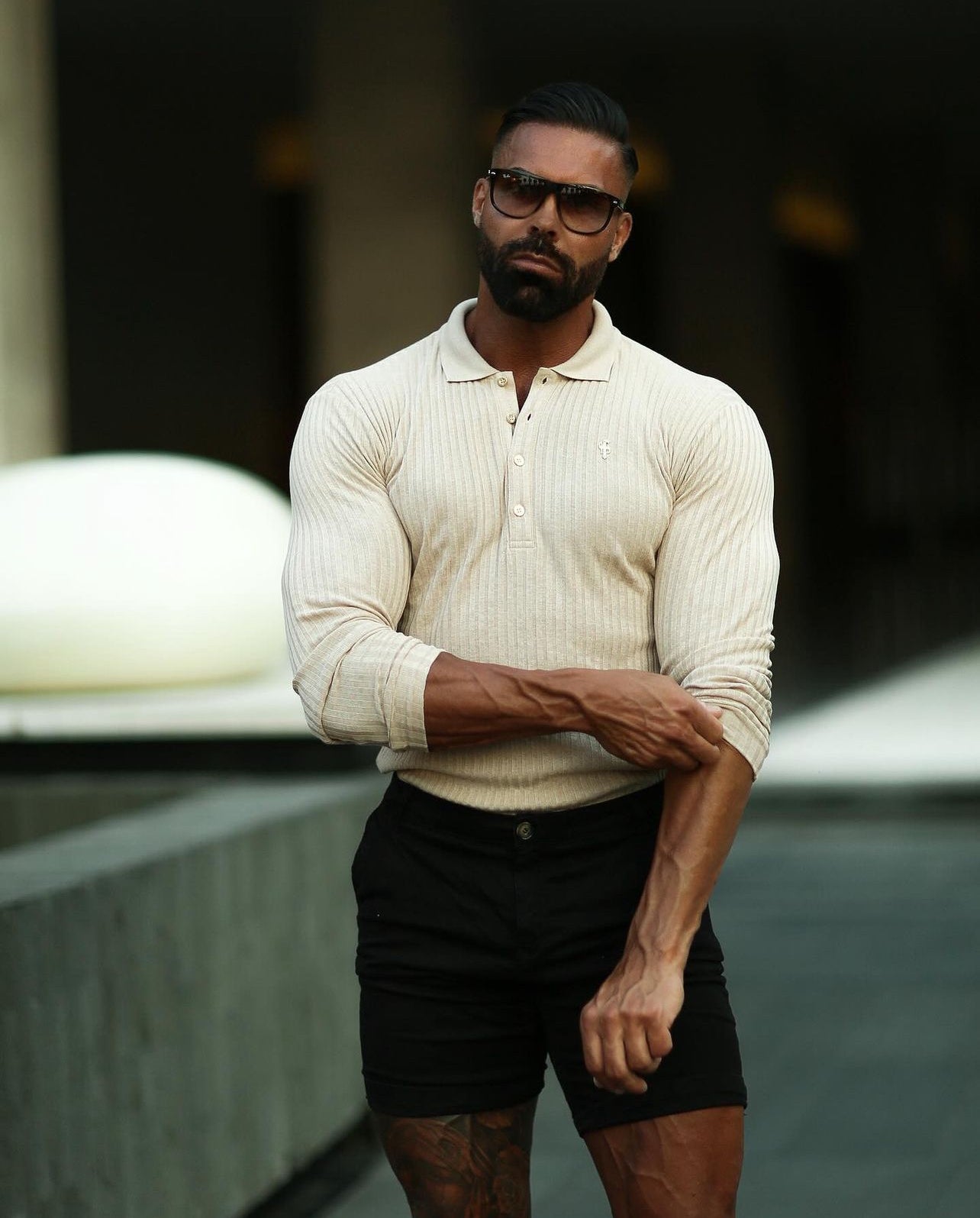 Elevate Your Style with the Father Sons Classic Beige Ribbed Long Sleeve Polo Shirt Featuring a Chic Gold Decal - FSH969