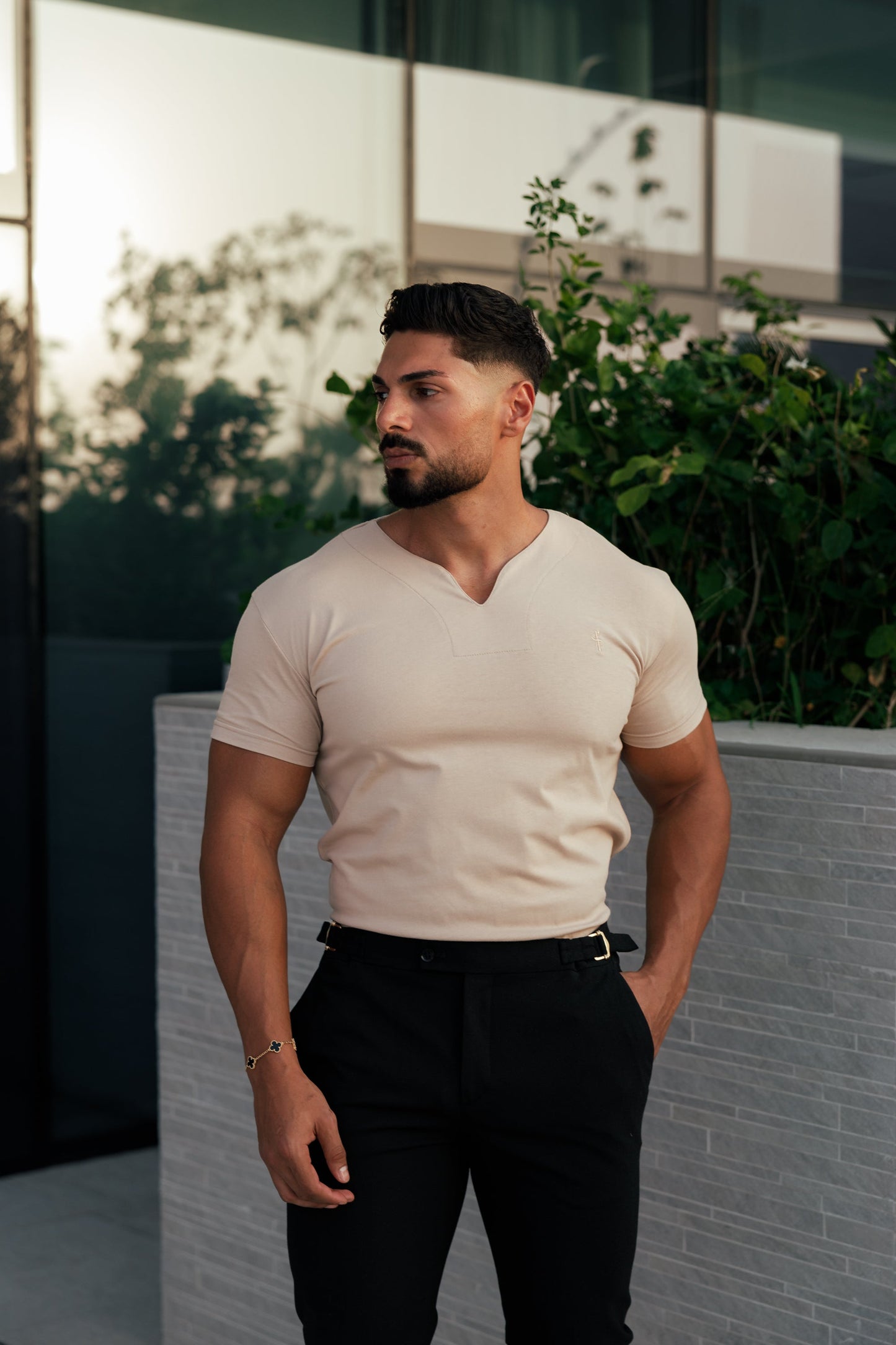 Sleek Beige V-Neck Crew Short Sleeve Tee for Men - Father Sons FS-H1016